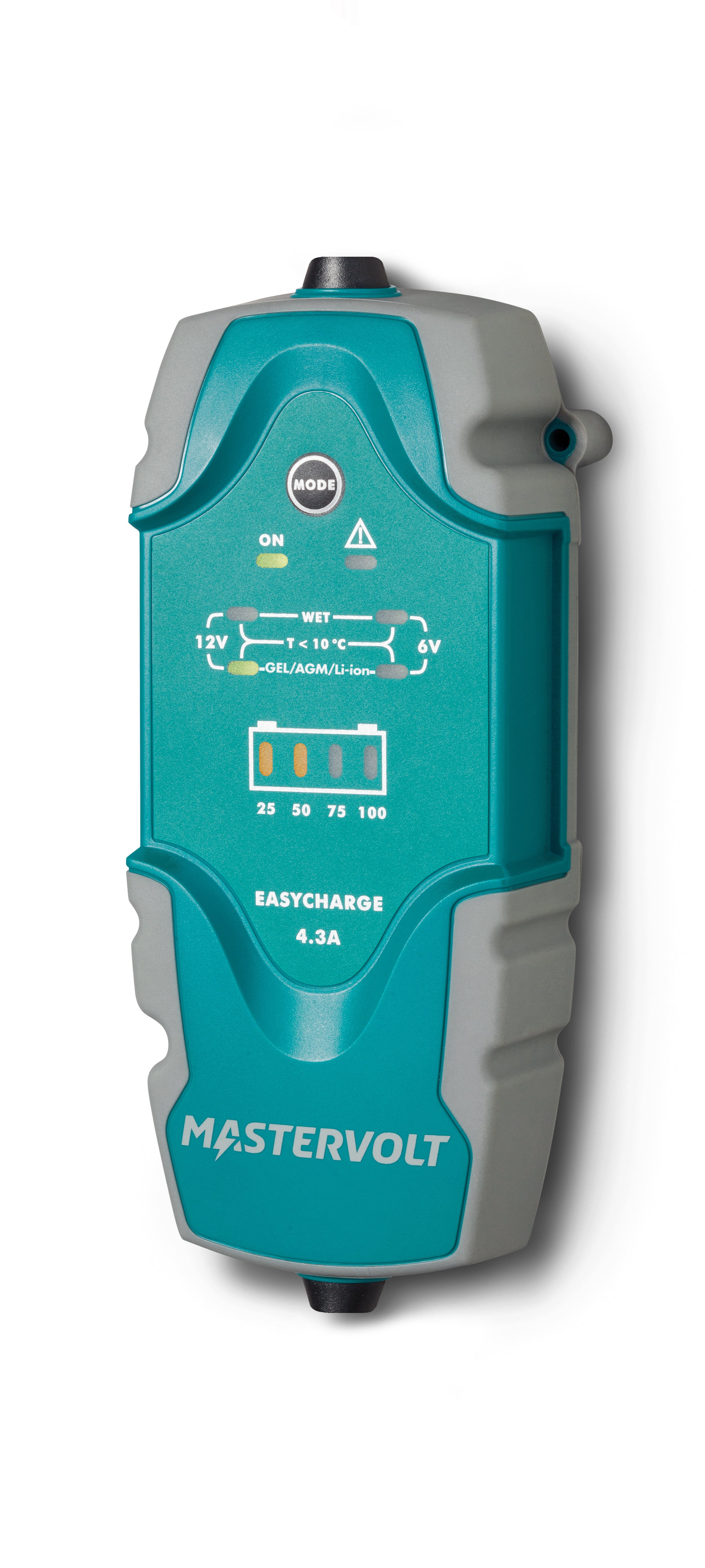 Mastervolt EasyCharge portable charger with 4.3A output, switchable between 12V and 6V. Compact, lightweight, and weatherproof design ideal for charging small batteries in cars, boats, motorcycles, and more. Features reverse-polarity protection and LED status indicators.

