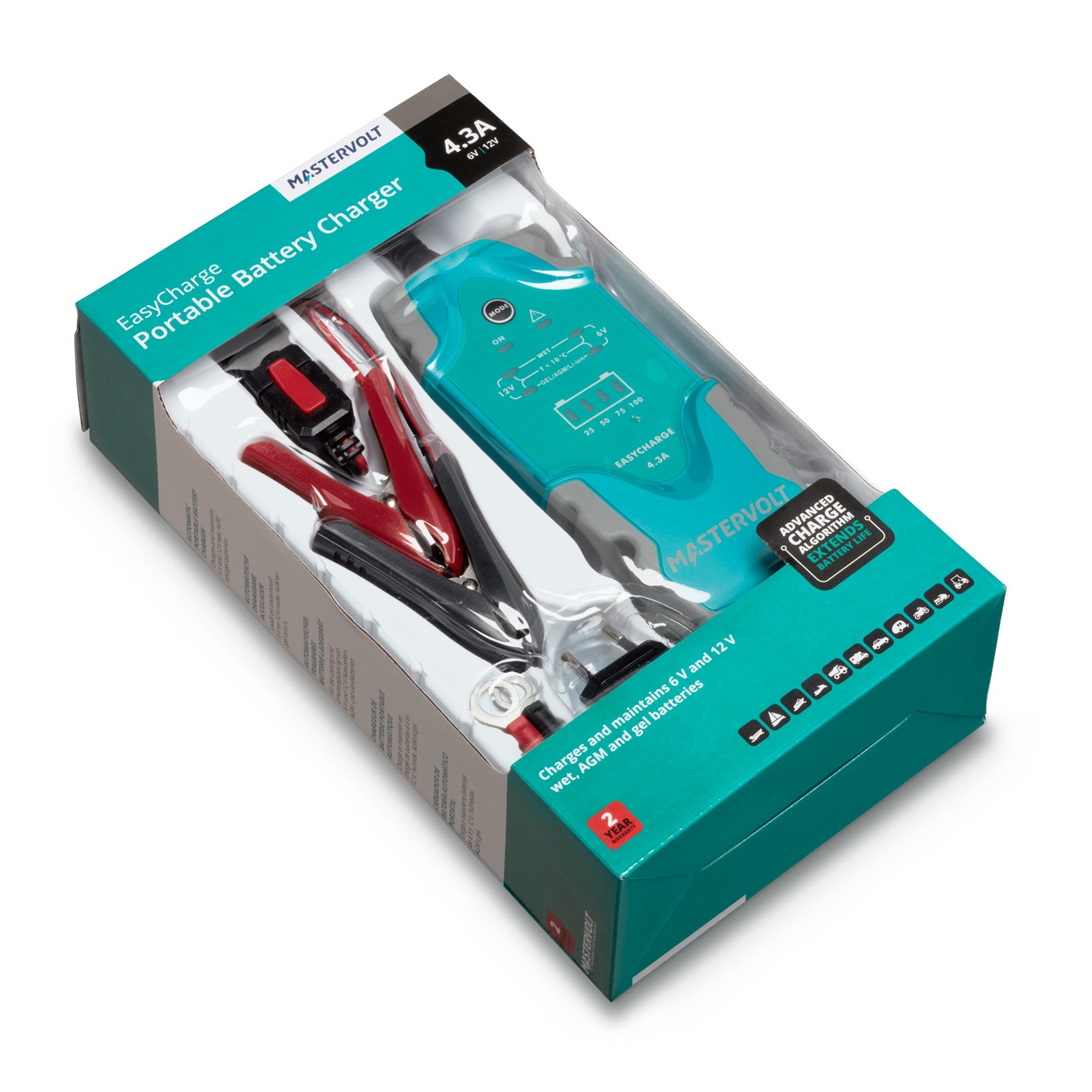 Mastervolt EasyCharge portable charger with 4.3A output, switchable between 12V and 6V. Compact, lightweight, and weatherproof design ideal for charging small batteries in cars, boats, motorcycles, and more. Features reverse-polarity protection and LED status indicators.

