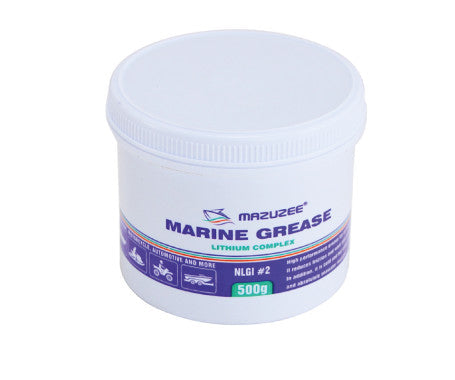 Mazuzee blue marine grease, 500 g tub, lithium-complex formula for superior water and salt resistance. Maintains lubrication under high load and wet conditions. Ideal for boat trailers, marine fittings, wheel bearings, and general onboard lubrication points.