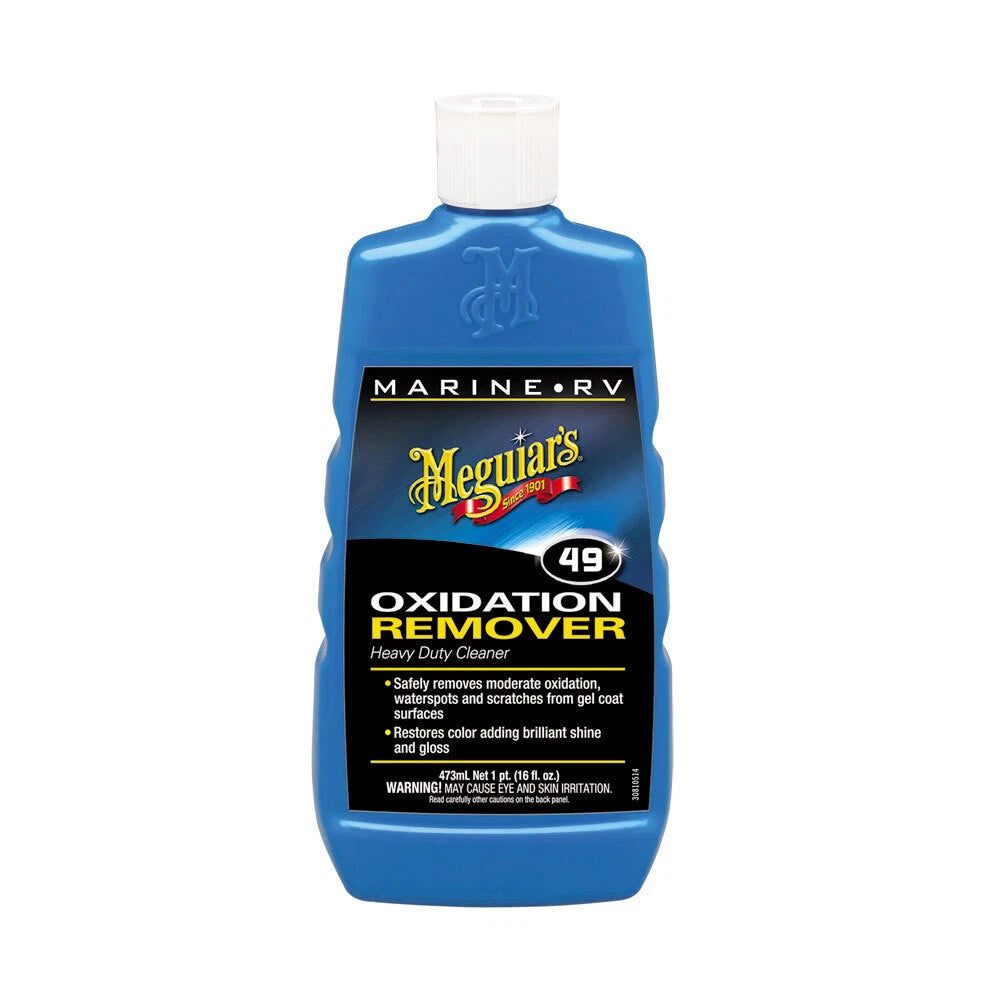 Meguiar’s M4916 Heavy Duty Oxidation Remover 473 ml bottle—professional-grade formula designed to remove heavy oxidation, sun damage, and stains from gel coat and fiberglass surfaces on boats and RVs, restoring deep shine and surface clarity.

