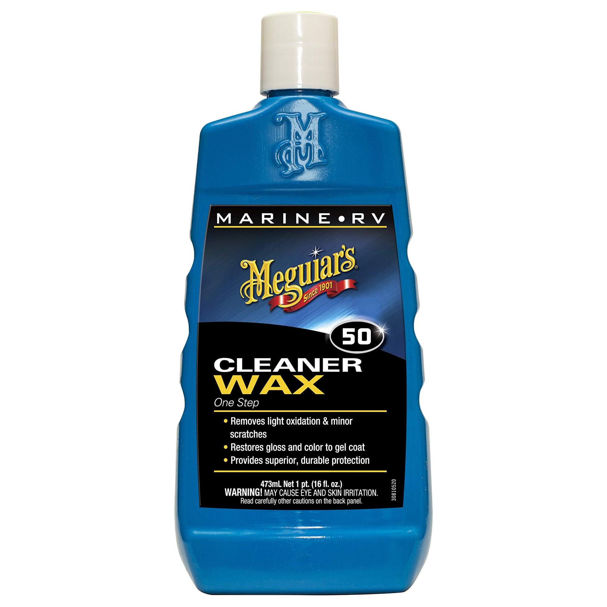 Meguiar’s M5016 Marine/RV One Step Cleaner Wax 473 ml bottle—automotive-grade cleaner-wax combo for gel coat and fiberglass surfaces. Cleans, shines, and protects boats and RVs in a single easy application, leaving a UV-resistant gloss finish.