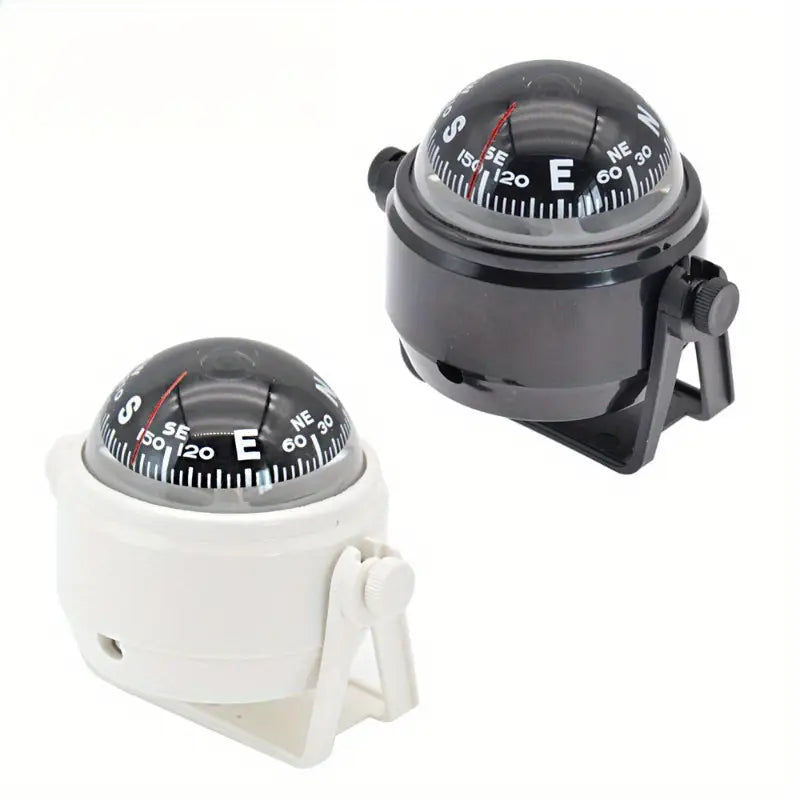 NAVTECH 35-BK compact marine compass with conical read card, black and white casing, and 12V illumination for nighttime use. Ideal for dashboards or windshields on boats.
