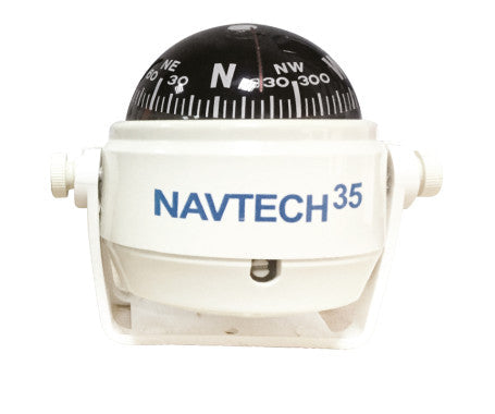NAVTECH 35-BK compact marine compass with conical read card, black and white casing, and 12V illumination for nighttime use. Ideal for dashboards or windshields on boats.

