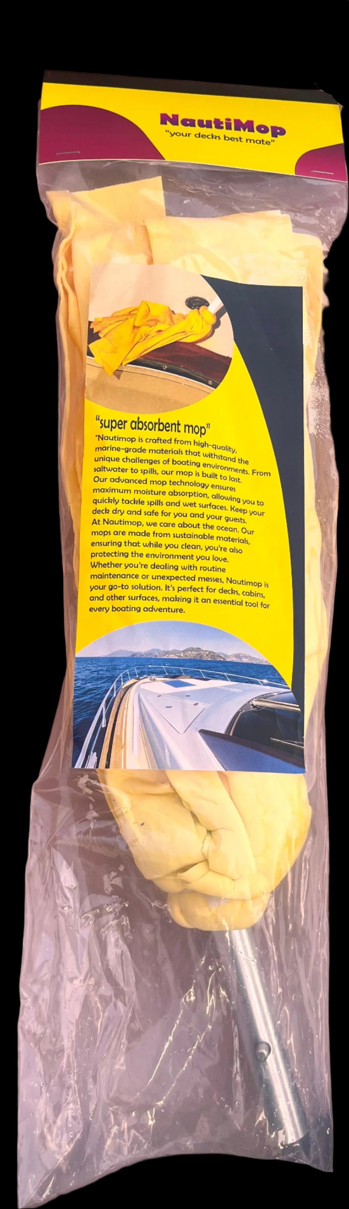 NautiMop marine drying mop made with premium PVA chamois for superior water absorption and streak-free cleaning. Ideal for boats, decks, RVs, and cars. Durable, lightweight, and designed for high-performance in marine environments.