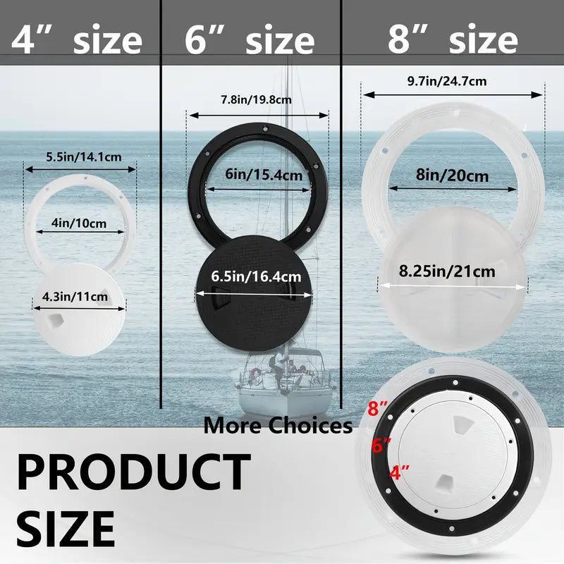 Marine-grade non-skid deck plates in black and white, sizes 4 inch, 6 inch, and 8 inch. Anti-slip surface designed to enhance safety on boat decks and wet marine environments.

