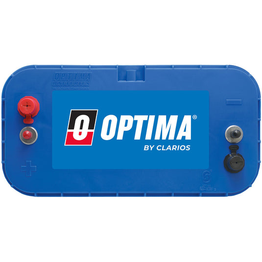 OPTIMA BLUETOP® D31M 75Ah AGM battery with gray and blue casing, offering 1550 marine cranking amps, deep-cycle capability, spill-proof design, and extreme vibration resistance. Ideal for powering boats, RVs, trolling motors, and marine electronics with reliability.


