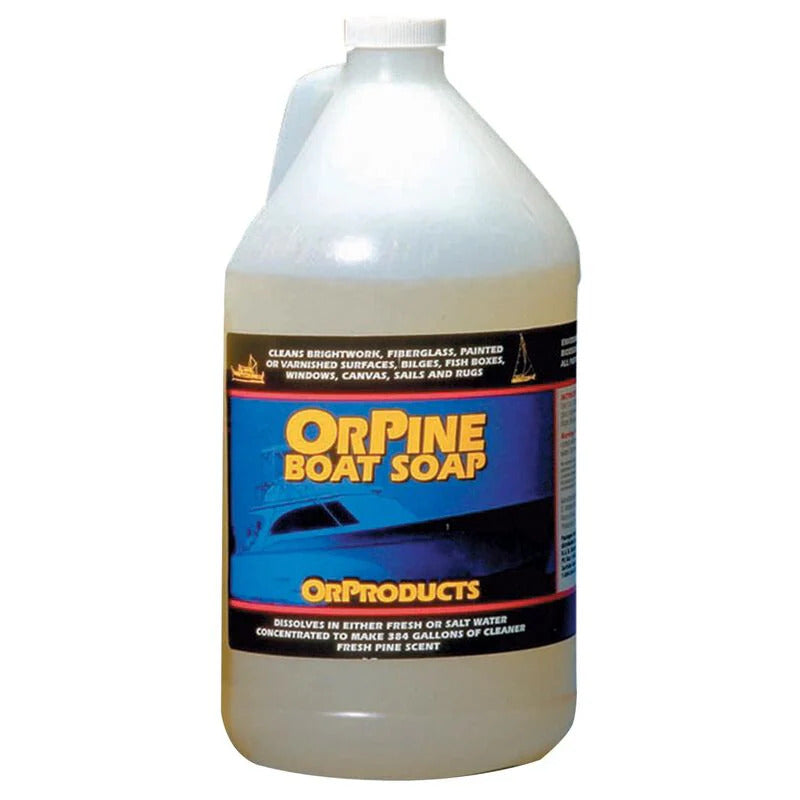 Orpine Boat Soap 1 Gallon container – gentle marine boat cleaner that removes dirt, salt, and grime from boat surfaces. Safe for paint and finishes, perfect for regular cleaning of hulls and topsides to maintain a bright, clean appearance.

