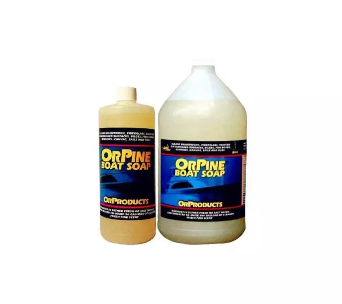 Orpine Boat Soap 1 Gallon container – gentle marine boat cleaner that removes dirt, salt, and grime from boat surfaces. Safe for paint and finishes, perfect for regular cleaning of hulls and topsides to maintain a bright, clean appearance.

