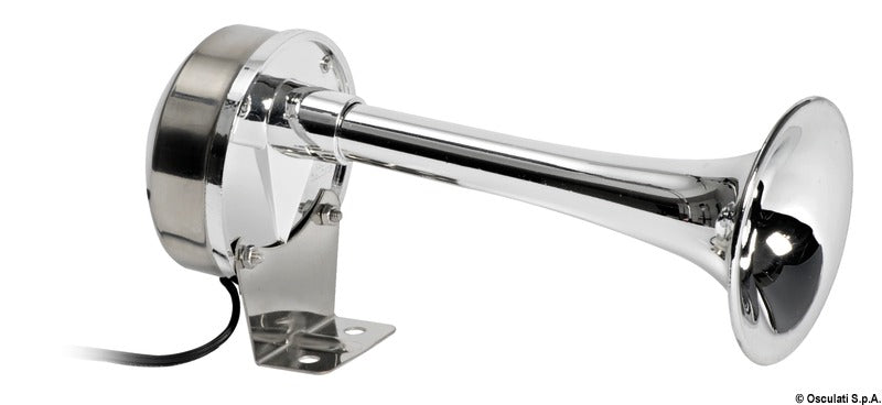 Osculati marine horn, model 21.452.06, features a mirror-polished stainless steel body and chromed ABS horn. 12V single-tone horn delivers loud, clear sound for marine safety and signaling. Durable and corrosion-resistant for all marine environments.

