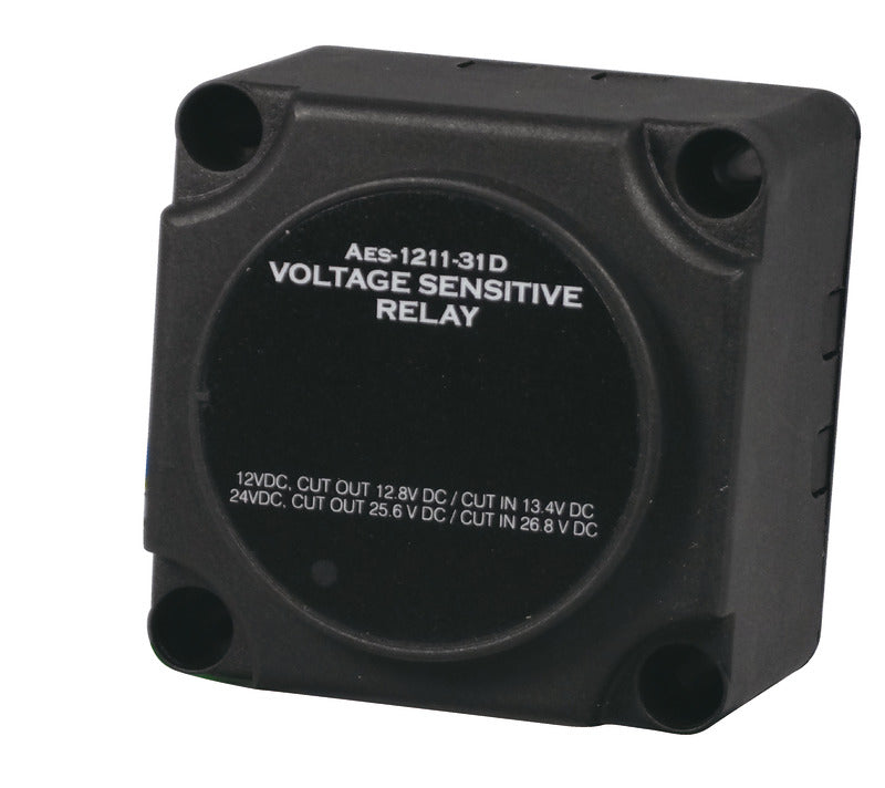 Osculati voltage sensitive relay, code 14.921.90, automatically links dual battery banks during charging, then isolates when voltage drops. Designed for marine and RV use, it protects starter batteries and ensures efficient charging. Compact and easy to install.

