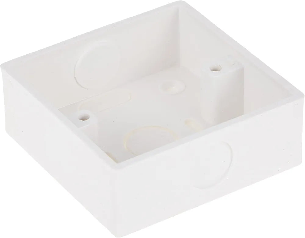 PVC electrical junction box 3x3 inches, flame-retardant and impact-resistant housing for secure cable management. Features side knockouts for easy conduit entry. Ideal for domestic and industrial electrical wiring setups. Compact design for wall or surface mounting.

