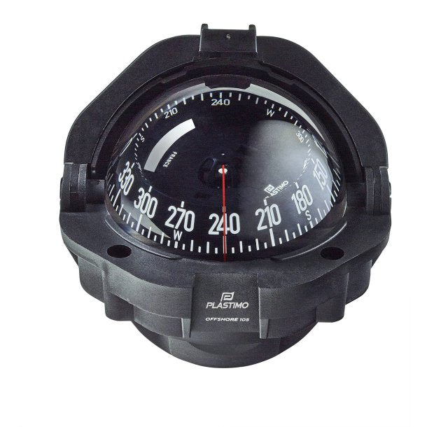 Plastimo Offshore Compass 105 with Black or White body, designed for 5–9 meter boats. Features 91 mm card, shock-absorbing mount, LED lighting, and telescopic sun hood. Flush-mounted with optional bracket. ISO 613 certified for durable and precise marine navigation.