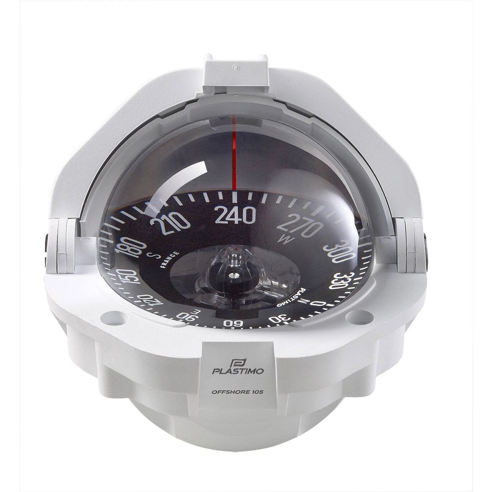 Plastimo Offshore Compass 105 with Black or White body, designed for 5–9 meter boats. Features 91 mm card, shock-absorbing mount, LED lighting, and telescopic sun hood. Flush-mounted with optional bracket. ISO 613 certified for durable and precise marine navigation.