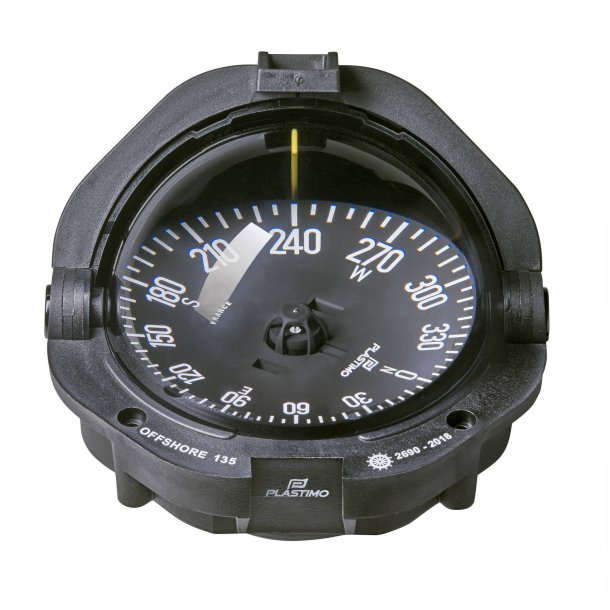 Plastimo Offshore Compass 135 with 130 mm card, available in Black or White housing. Designed for powerboats over 10 meters. Flush-mounted with optional bracket, LED lighting, and shock-absorbing design. SOLAS-MED certified for professional offshore navigation.
