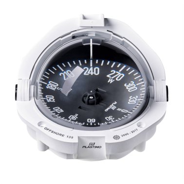 Plastimo Offshore Compass 135 with 130 mm card, available in Black or White housing. Designed for powerboats over 10 meters. Flush-mounted with optional bracket, LED lighting, and shock-absorbing design. SOLAS-MED certified for professional offshore navigation.