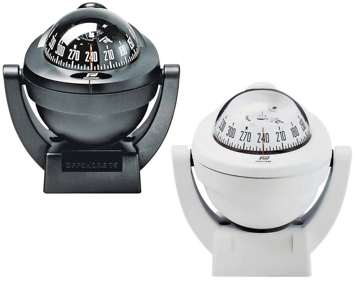 Plastimo Offshore Compass 75 Bracket Mount with conical card, available in Black or White housing. Designed for 5–8 meter boats, it features LED lighting, shock absorption, and a versatile bracket for horizontal or vertical mounting. ISO 613 compliant marine compass.
