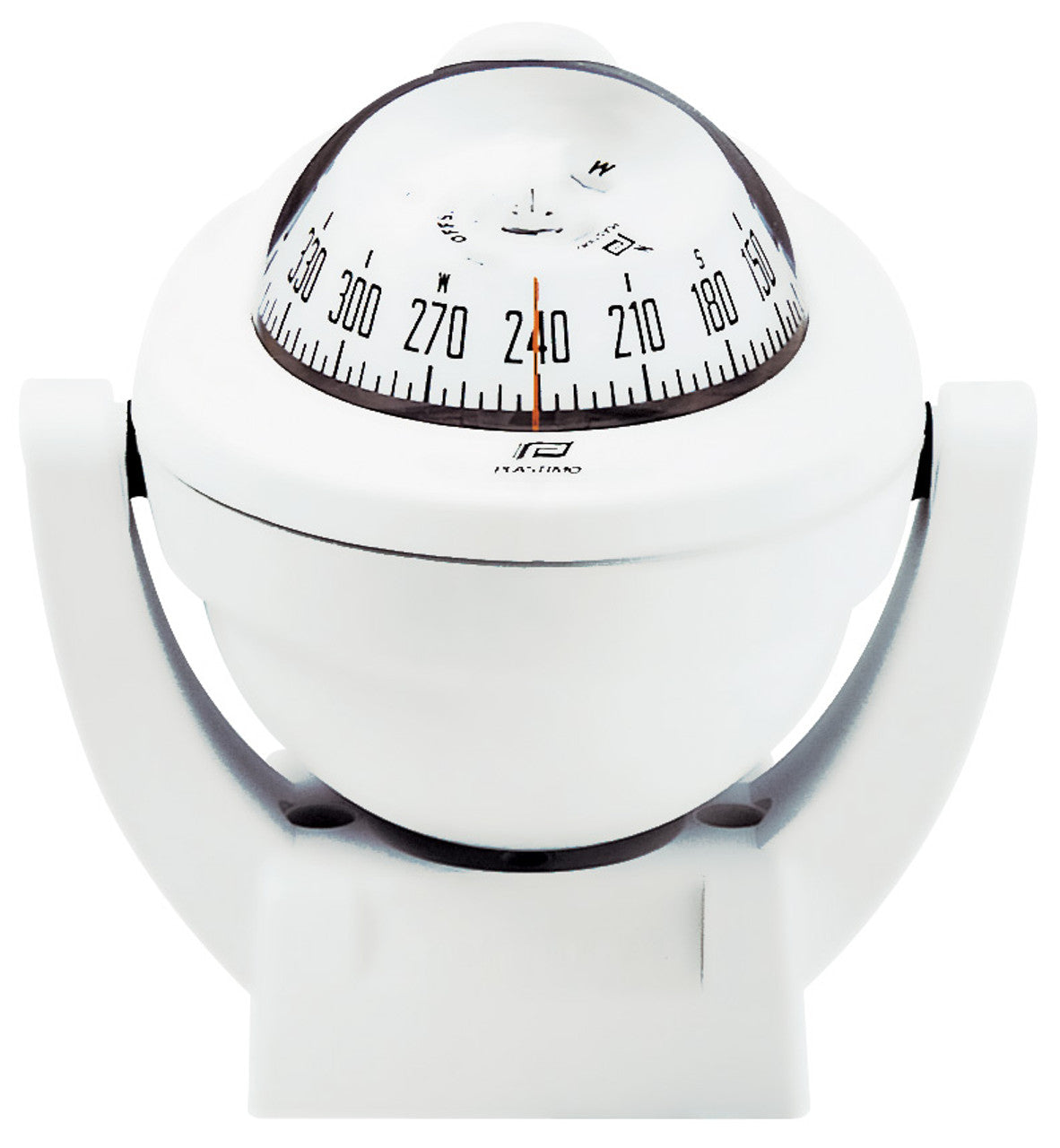 Plastimo Offshore Compass 75 Bracket Mount with conical card, available in Black or White housing. Designed for 5–8 meter boats, it features LED lighting, shock absorption, and a versatile bracket for horizontal or vertical mounting. ISO 613 compliant marine compass.