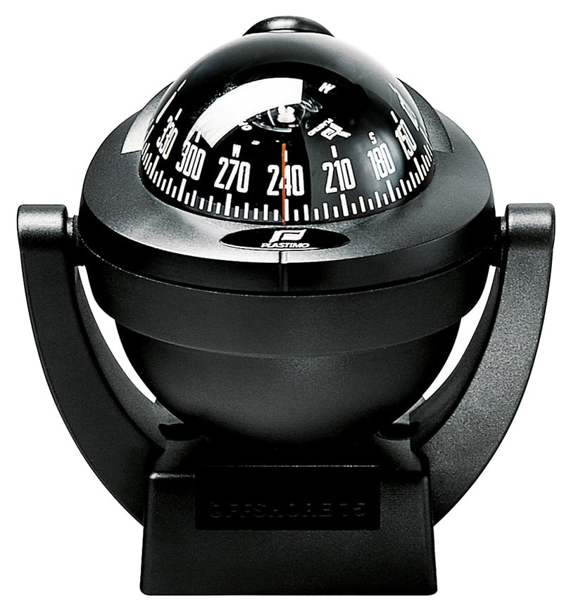 Plastimo Offshore Compass 75 Bracket Mount with conical card, available in Black or White housing. Designed for 5–8 meter boats, it features LED lighting, shock absorption, and a versatile bracket for horizontal or vertical mounting. ISO 613 compliant marine compass.