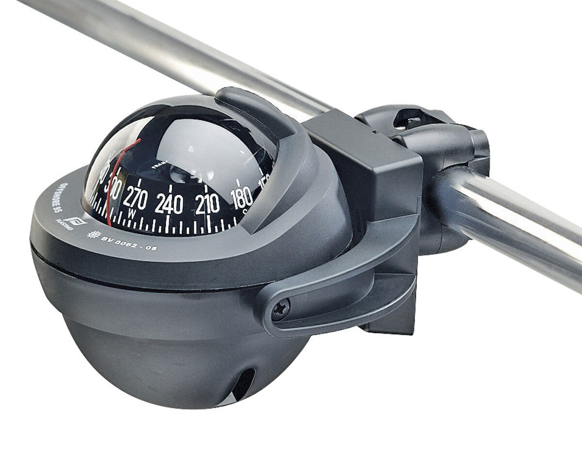 Plastimo Offshore Compass 75 Bracket Mount with conical card, available in Black or White housing. Designed for 5–8 meter boats, it features LED lighting, shock absorption, and a versatile bracket for horizontal or vertical mounting. ISO 613 compliant marine compass.