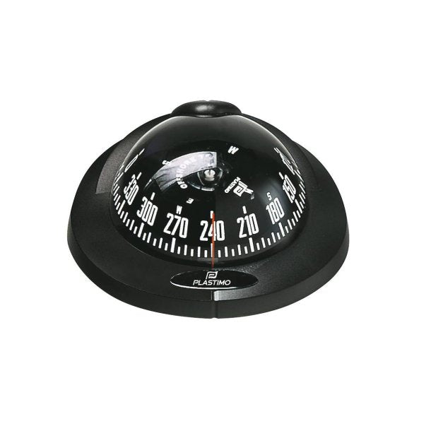 Plastimo Offshore Compass 75 Flush Mount with black housing and conical card. Designed for boats 5–8 meters, this compact, shockproof compass features LED lighting, flush-mount design, and an articulated sunshade for enhanced visibility. ISO 613 compliant.