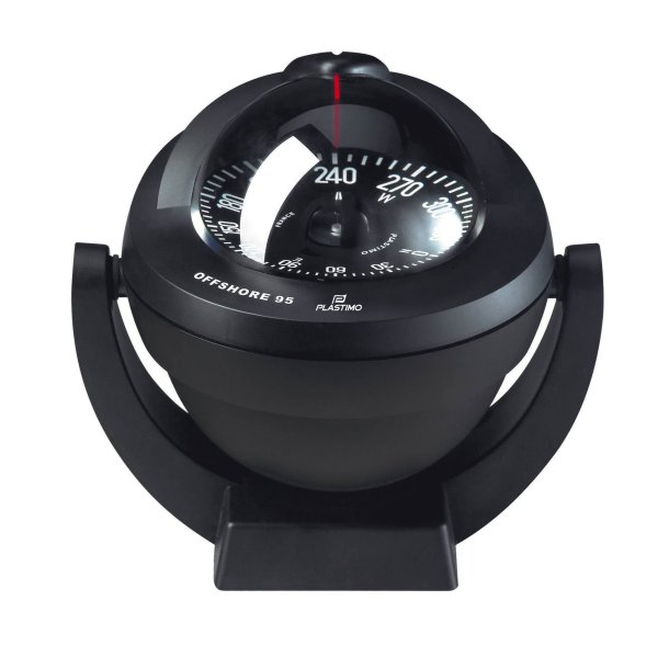 Plastimo Offshore Compass 95 Bracket Mount with Black or White housing and flat or conical card. Designed for 6–10 meter boats. Features shock-resistant construction, 12–24V LED lighting, and versatile bracket mounting. ISO 613 compliant for marine safety and precision.