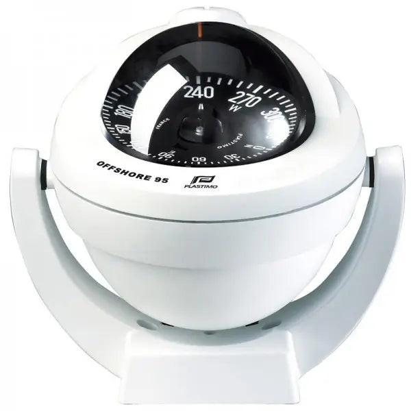 Plastimo Offshore Compass 95 Bracket Mount with Black or White housing and flat or conical card. Designed for 6–10 meter boats. Features shock-resistant construction, 12–24V LED lighting, and versatile bracket mounting. ISO 613 compliant for marine safety and precision.
