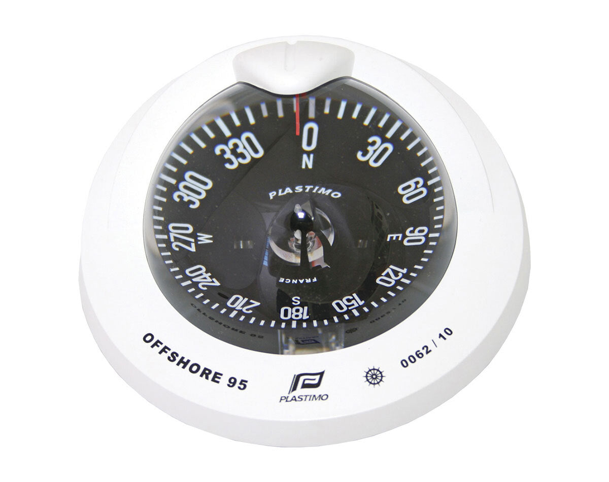 Plastimo Offshore Compass 95 Flush Mount with Black or White housing and flat or conical card. Designed for 6–10 meter boats. Flush-mounted with shock-resistant construction, LED lighting, and ISO 613 certification. Built for performance in all boating conditions.

