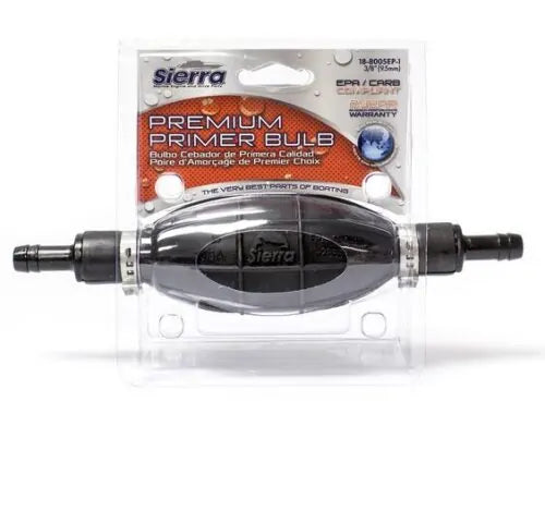 Premium fuel primer bulb compatible with 3/8" marine fuel lines. Equipped with dual check valves for efficient priming and high flow rates. Constructed from materials resistant to alcohol, UV rays, and ozone for durable marine use and long service life.