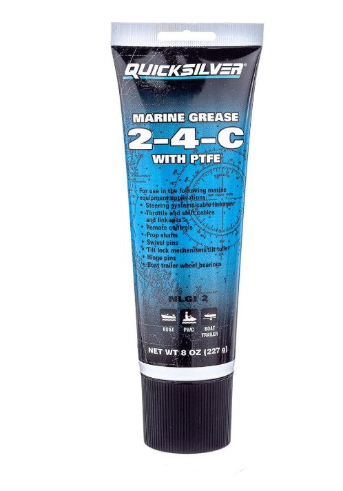 Quicksilver 2‑4‑C marine grease with Teflon (PTFE), 8 oz tube — high-performance lubricant for marine applications. Features excellent water resistance and wear protection for prop shafts, fittings, steering cables, and trailer components. Designed for saltwater durability.