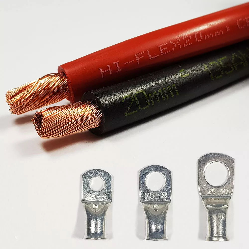 RR Kabel flexible copper cable available in sizes 10 mm² to 95 mm² with red and black insulation. Ideal for high-current electrical connections in marine, automotive, solar, and industrial applications. Durable, heat-resistant, and easy to install.