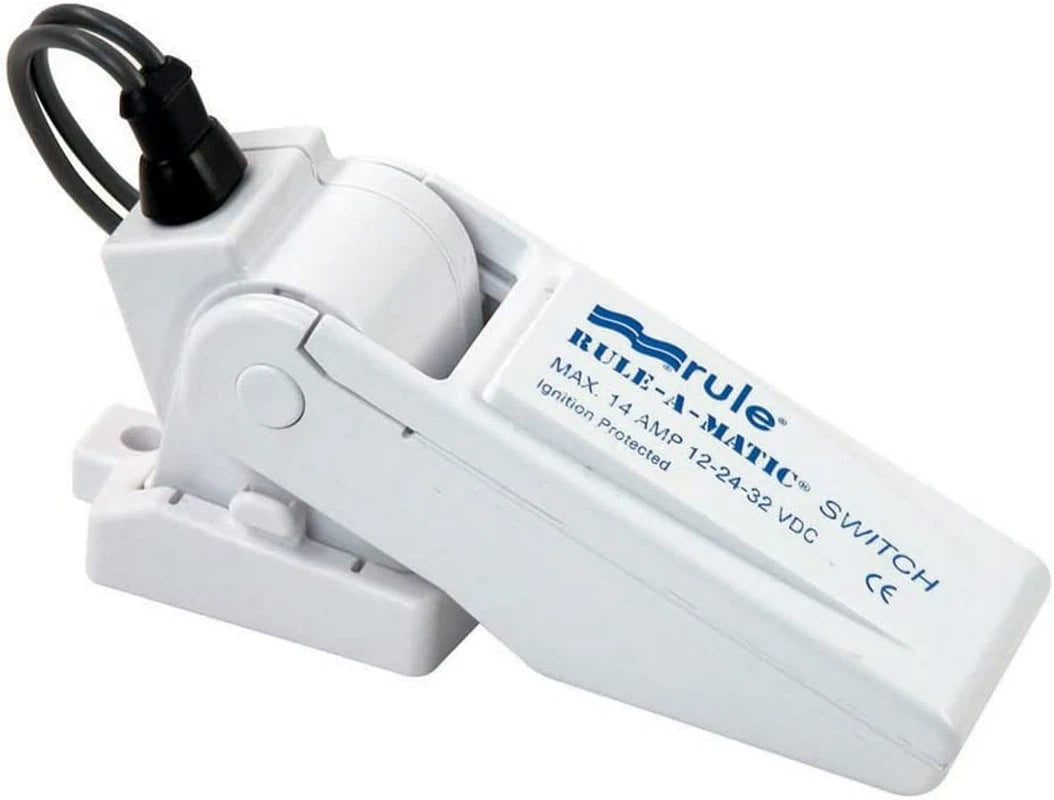 RULE-A-MATIC Float Switch M35A for automatic bilge pump activation in marine use. Corrosion-resistant design for reliable water level control in boat bilges and livewells. Compact float switch enabling hands-free bilge pump operation with easy installation.