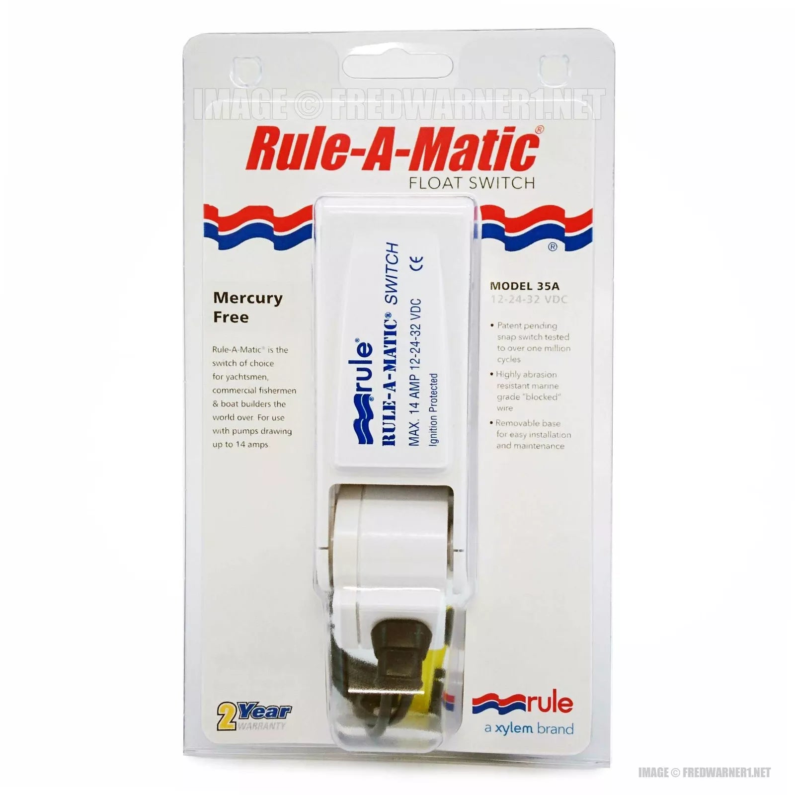 RULE-A-MATIC Float Switch M35A for automatic bilge pump activation in marine use. Corrosion-resistant design for reliable water level control in boat bilges and livewells. Compact float switch enabling hands-free bilge pump operation with easy installation.