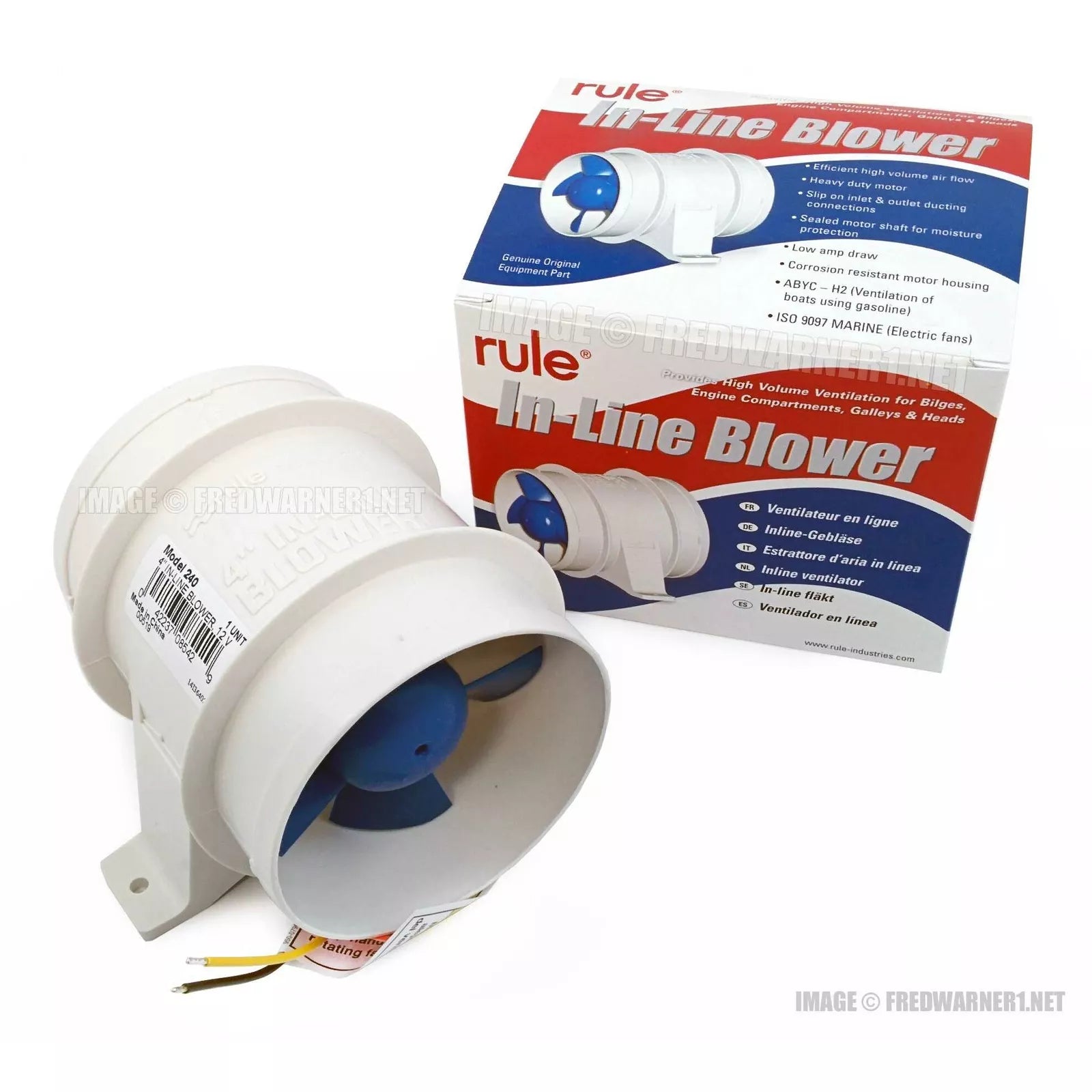 RULE in-line ventilation blowers for marine use, featuring 3-inch and 4-inch duct sizes. Operates on 12V or 24V. Ideal for boats, yachts, and RVs. Durable, ignition-protected, corrosion-resistant, and easy to install for engine or bilge ventilation.
