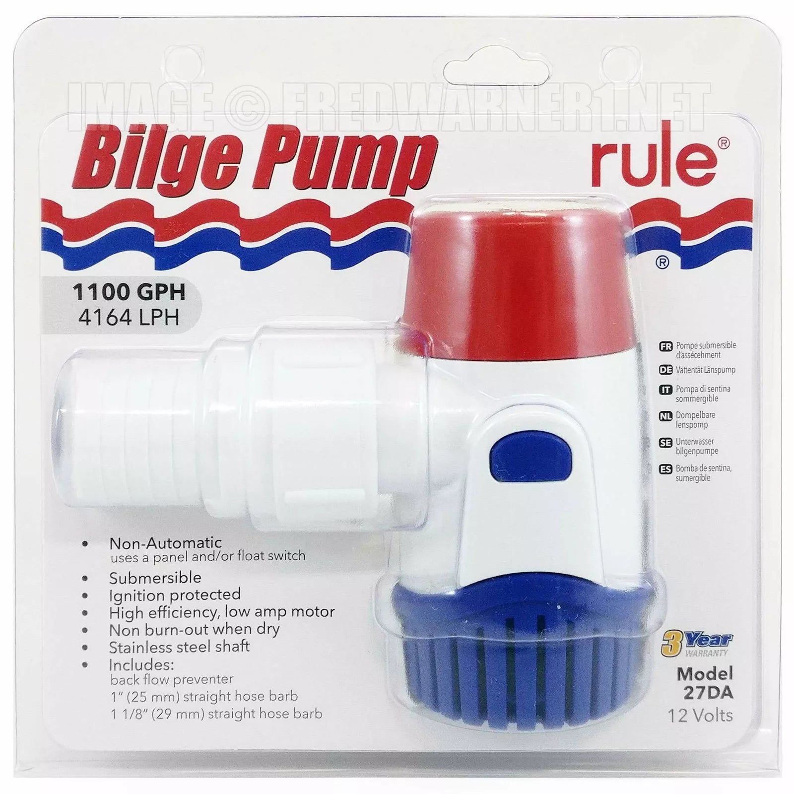 RULE Bilge Pump 1100 GPH models: M27SA automatic 12 V with built‑in float switch; M27DA non‑automatic available in 12 V and 24 V; all feature a 1″ outlet. Designed for efficient water removal in boats—compact, durable, and marine-ready.