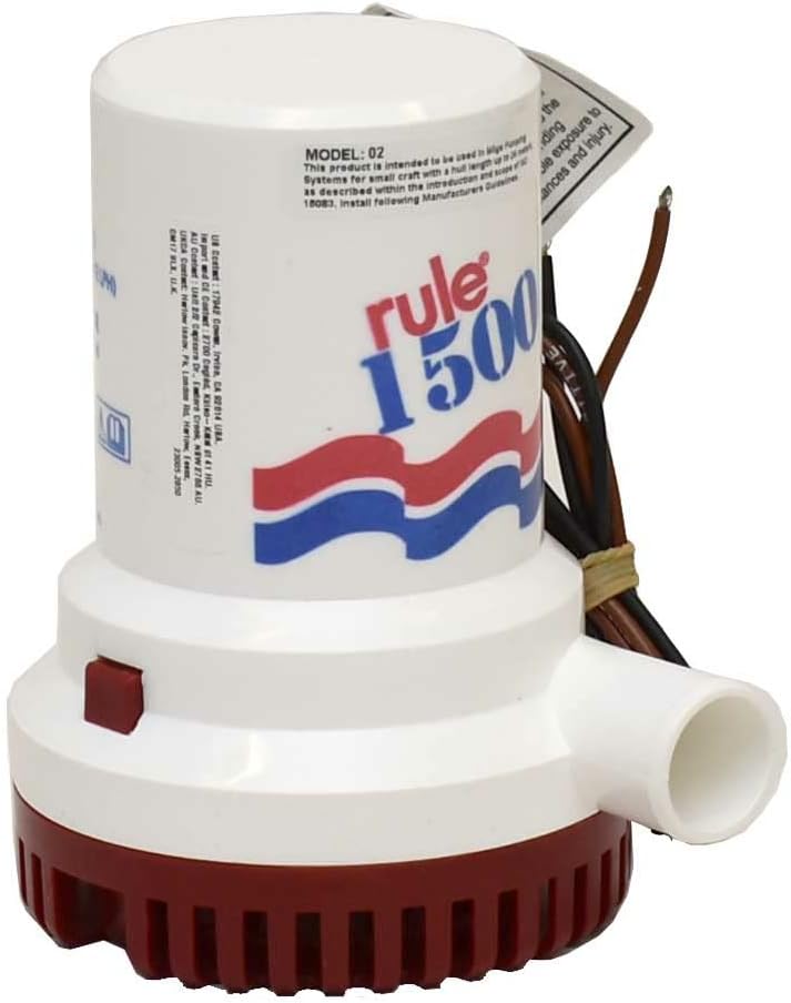 RULE Bilge Pump M02 (12 V) and M03 (24 V) featuring 1500 GPH capacity and 1‑1/8″ outlet. Non-automatic model requiring float switch. Designed for effective marine bilge water removal in small to medium boats.


