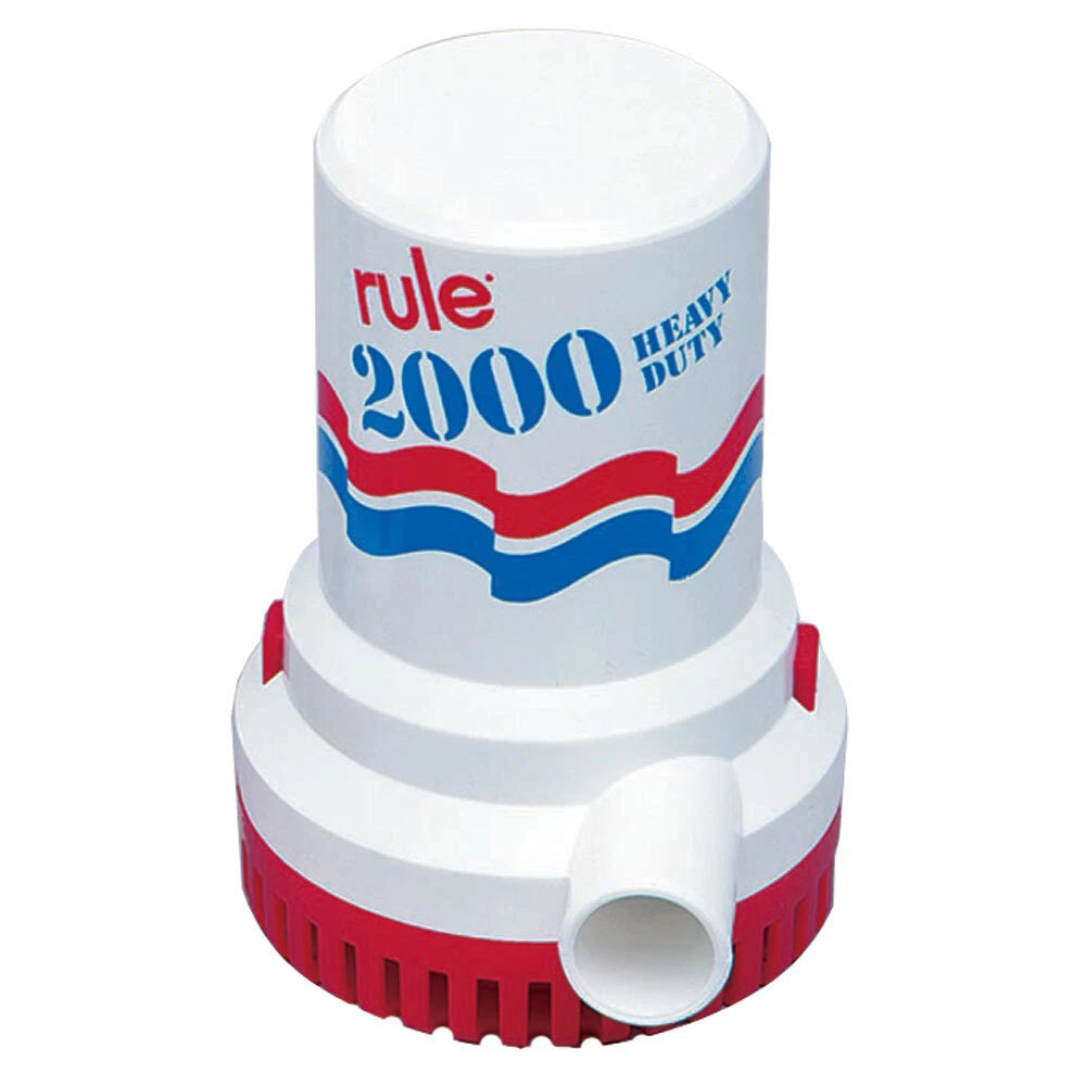 RULE Bilge Pump M10 (12 V) and M12 (24 V) with 2000 GPH capacity and 1‑1/8″ outlet. Non-automatic model (float switch required), CE- and ISO 8849-certified, designed for reliable water removal in marine bilge systems.