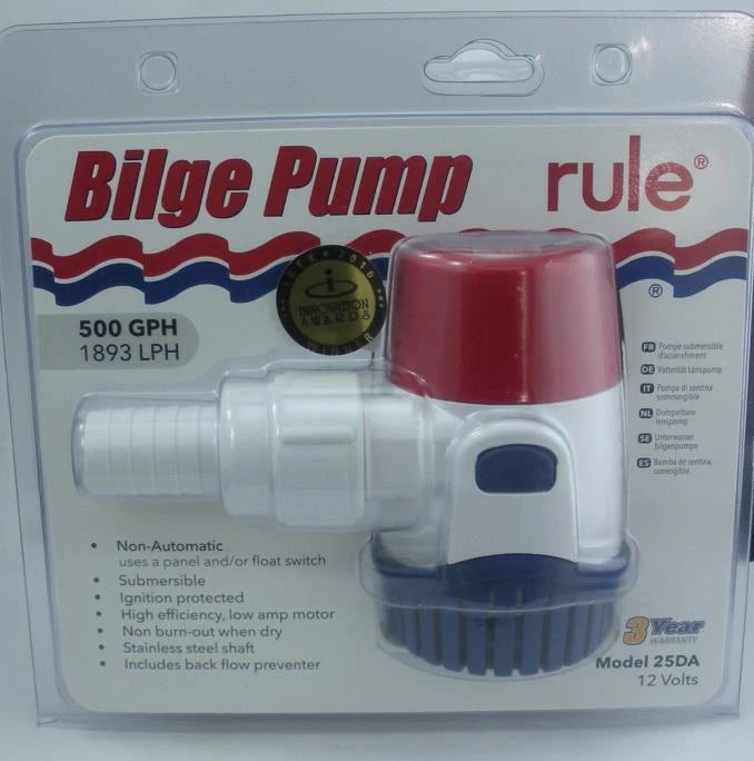 RULE M25SA automatic 500 GPH bilge pump (12 V) with built‑in float switch; M25DA non‑automatic 12 V and M25DA‑24 24 V models. All feature a ¾″ outlet, corrosion-resistant design, and compact form—designed for reliable bilge water removal.

