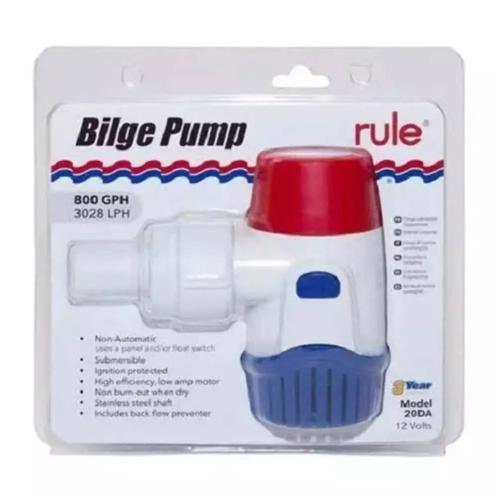 RULE M20DA (12V) and M21R‑24 (24V) non-automatic bilge pumps with 800 GPH capacity and ¾″ outlet. Designed for marine water drainage with manual switch operation. Compact, corrosion-resistant, and ideal for small boats or auxiliary bilge systems.

