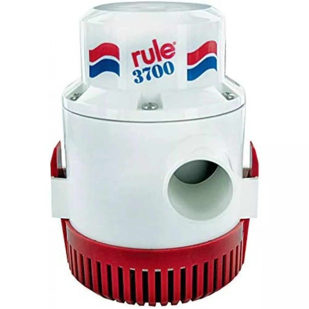 RULE Bilge Pump 3700 GPH models M14A (12V) and M16A (24V). Heavy-duty, non-automatic marine bilge pumps with 1.5-inch outlet, designed for high-volume water removal on large boats. Reliable and durable for continuous marine operation (requires float switch).