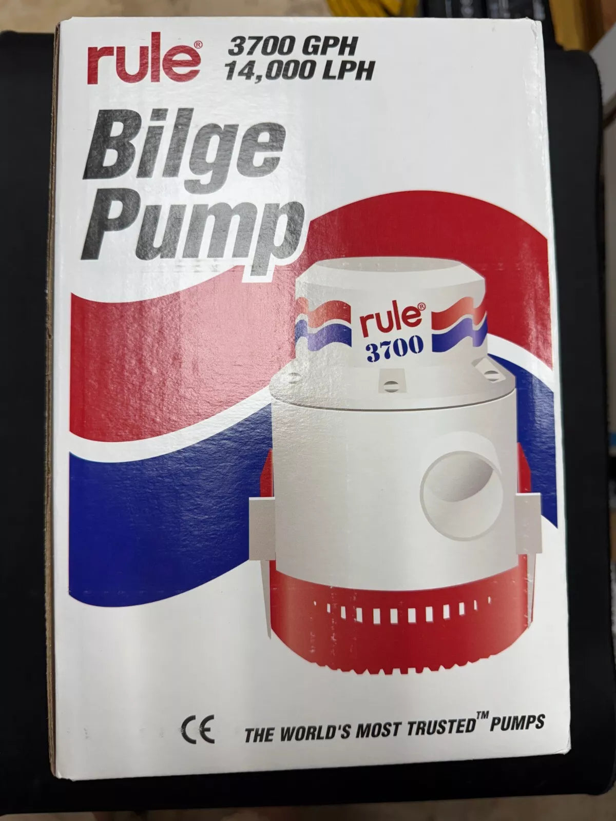 RULE Bilge Pump 3700 GPH models M14A (12V) and M16A (24V). Heavy-duty, non-automatic marine bilge pumps with 1.5-inch outlet, designed for high-volume water removal on large boats. Reliable and durable for continuous marine operation (requires float switch).