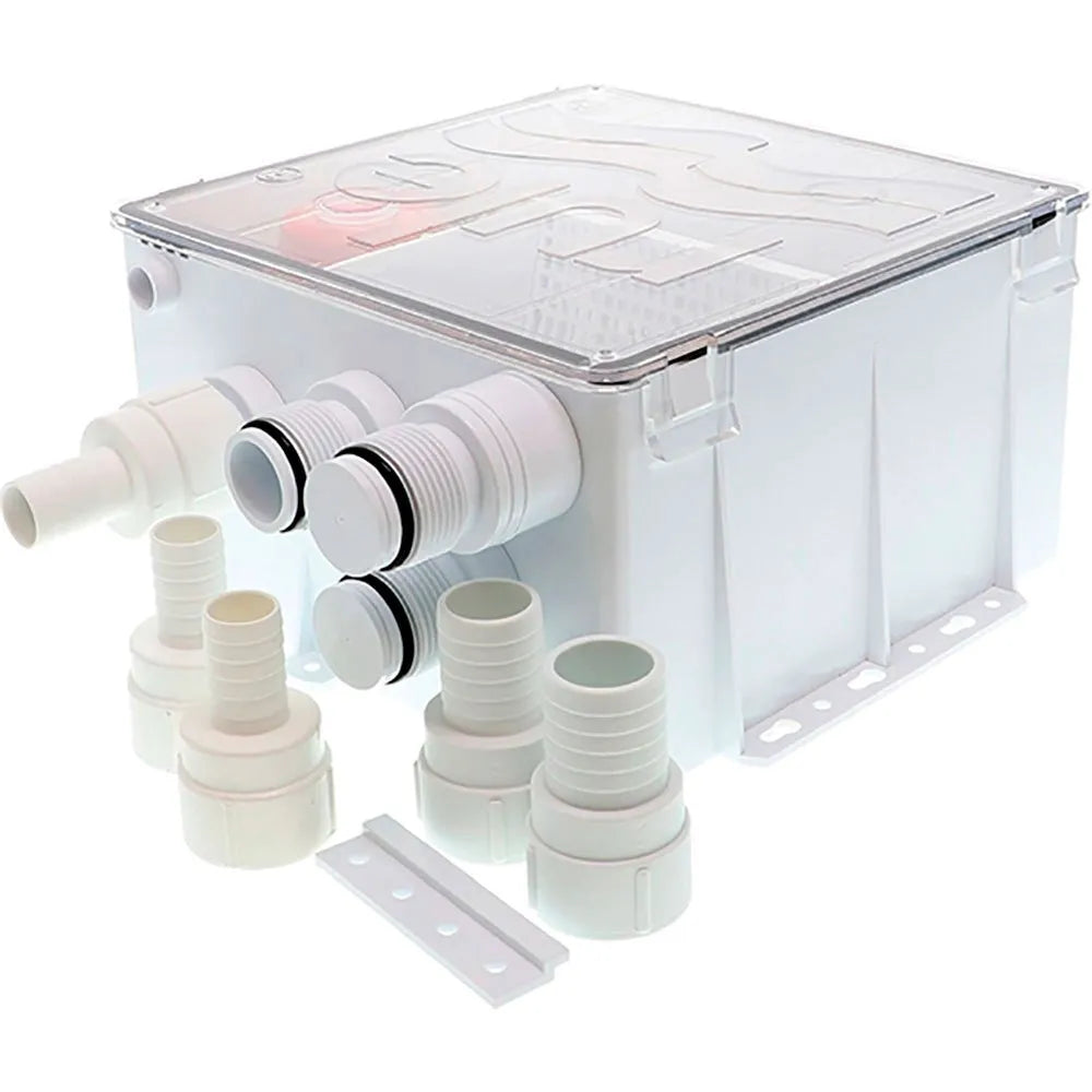 RULE M98B Shower Drain System with multi-port inlet, 12V pump, and built-in float switch. Ideal for marine grey water applications like showers, sinks, and AC condensate. Compact, corrosion-resistant unit designed for fast, efficient drainage in boats and yachts.