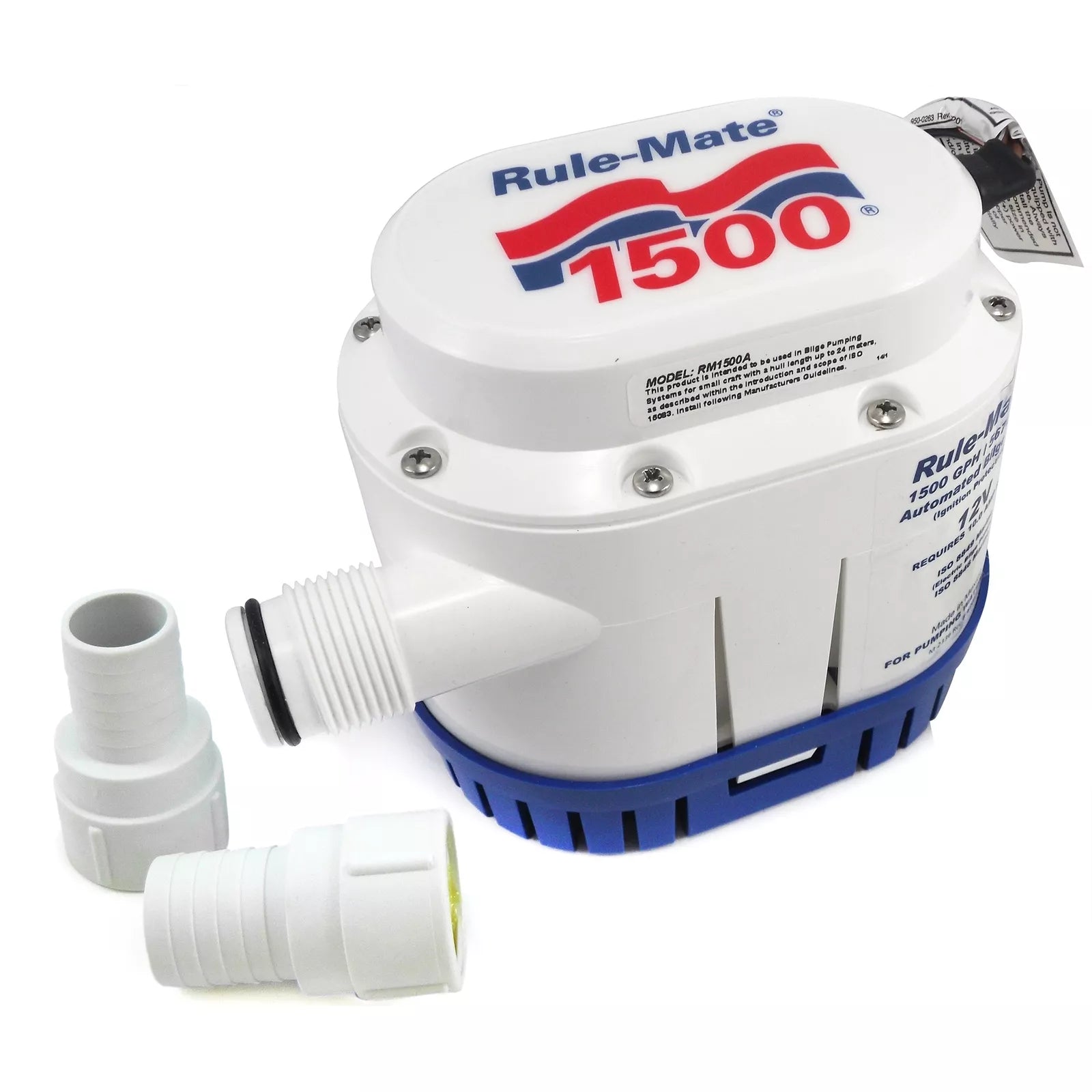 RULE Mate Bilge Pump RM1500A with 1500 GPH capacity. Corrosion-resistant and durable marine bilge pump designed for effective water removal on medium-sized boats and yachts. Easy to install with reliable, continuous operation in marine environments.