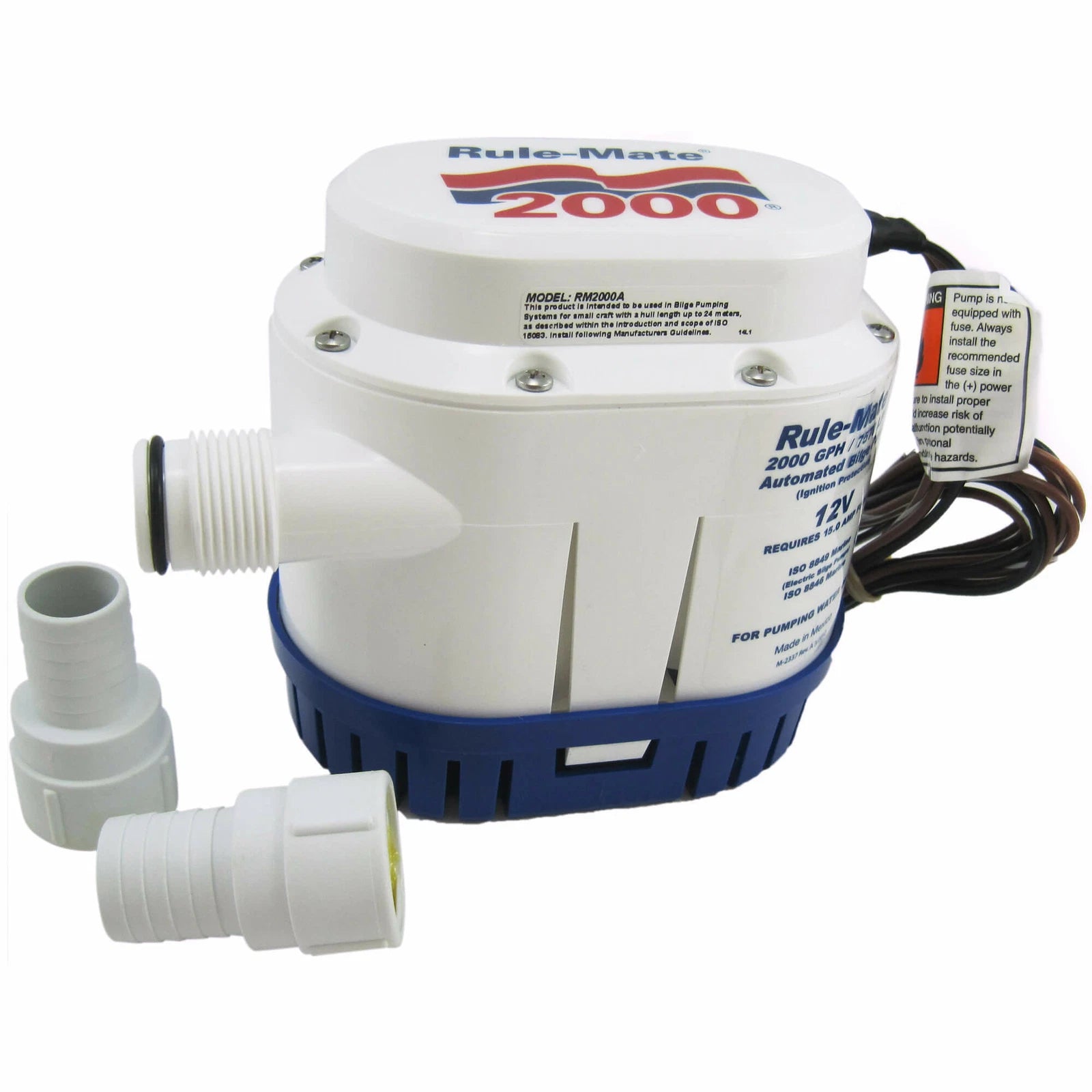 RULE Mate Bilge Pump RM2000A with 2000 GPH capacity. Durable, corrosion-resistant design for reliable bilge water removal in marine applications. Suitable for continuous use on boats and yachts, featuring easy installation and efficient performance.