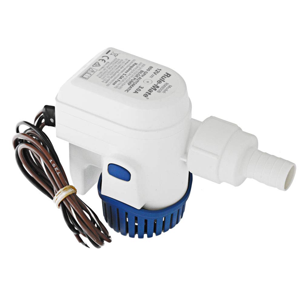 RULE Mate Bilge Pump RM800B with 800 GPH capacity. Compact, corrosion-resistant marine bilge pump designed for efficient water removal in small to medium boats. Durable construction for continuous operation and easy installation.