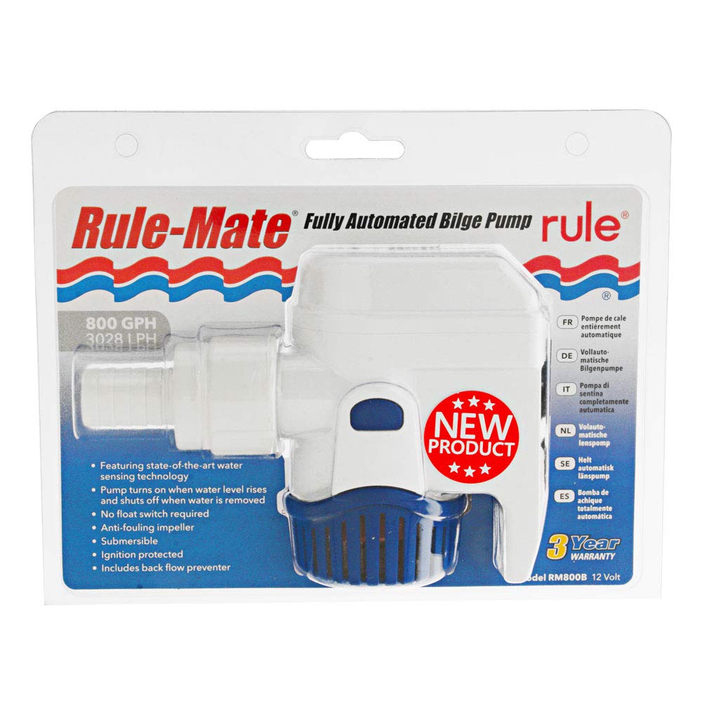 RULE Mate Bilge Pump RM800B with 800 GPH capacity. Compact, corrosion-resistant marine bilge pump designed for efficient water removal in small to medium boats. Durable construction for continuous operation and easy installation.

