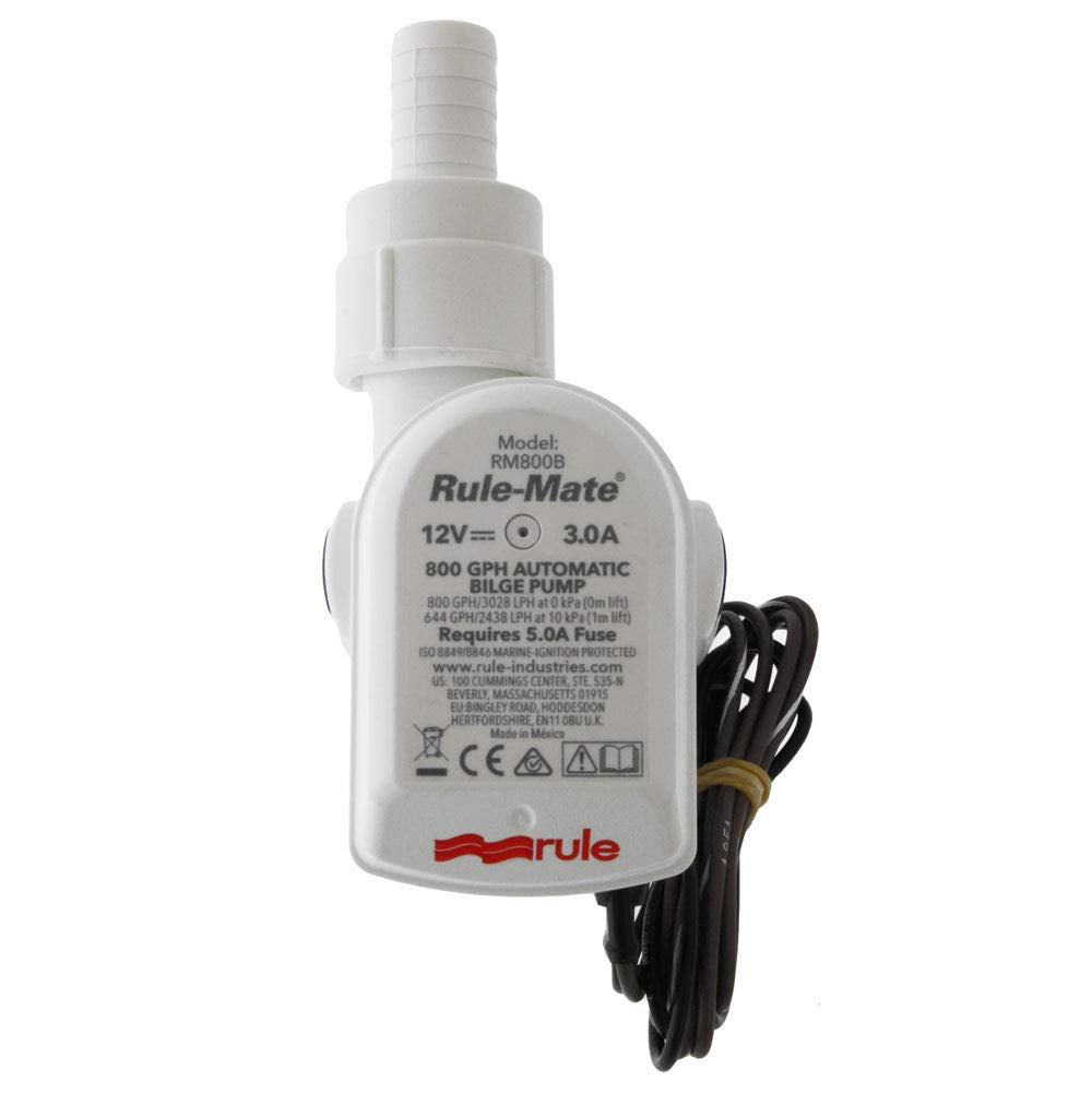 RULE Mate Bilge Pump RM800B with 800 GPH capacity. Compact, corrosion-resistant marine bilge pump designed for efficient water removal in small to medium boats. Durable construction for continuous operation and easy installation.

