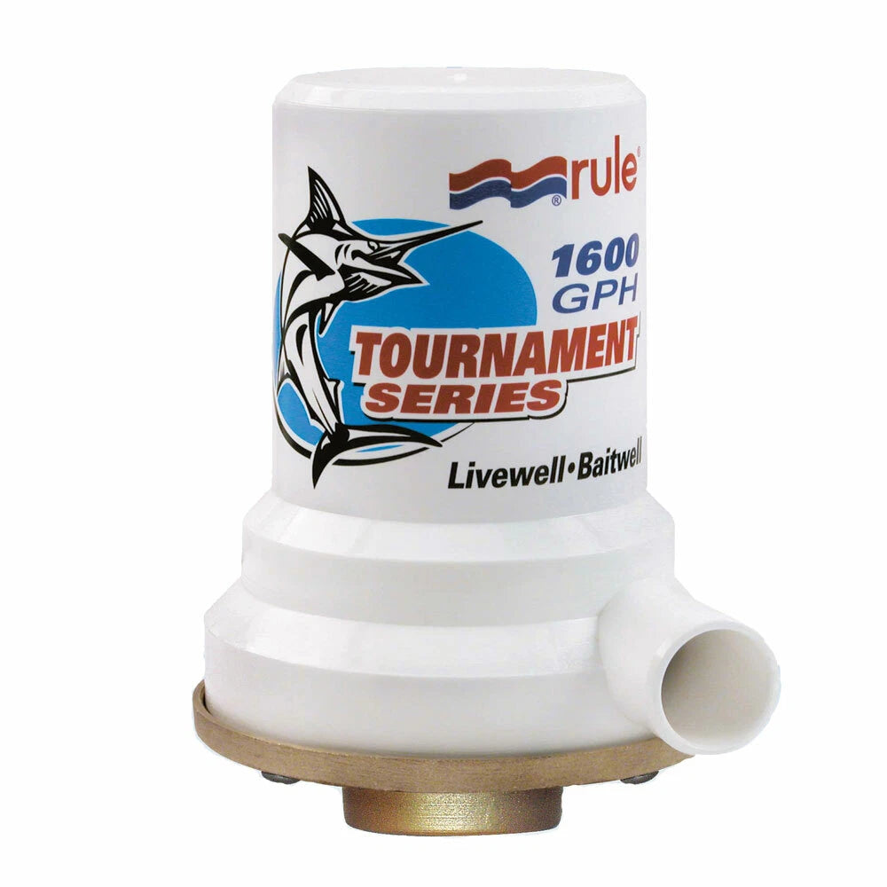 RULE Tournament Series Bronze Base Livewell Pump with 1600 GPH (6054 LPH) flow capacity. Features a corrosion-resistant bronze base, designed for reliable water circulation in livewells and bait tanks. Ideal for marine and fishing applications requiring durability and performance.