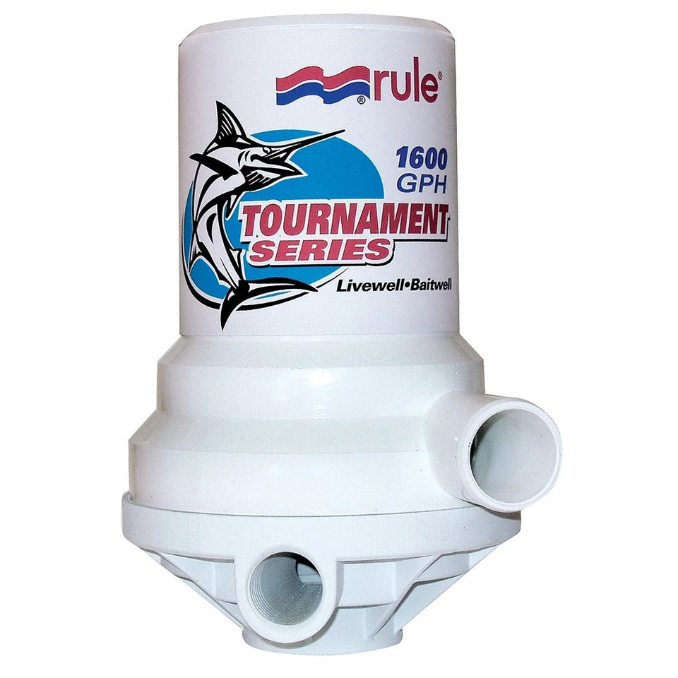RULE Tournament Series Dual Port Livewell Pump with 1600 GPH (6054 LPH) flow rate. Dual-port design provides enhanced water circulation for livewell and bait tanks. Durable corrosion-resistant build ensures reliable marine performance in fishing and boating applications.