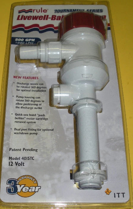 RULE Tournament Series Livewell & Baitwell Pump provides powerful, quiet water circulation to maintain live bait and catch health. Built for marine environments with corrosion-resistant materials. Ideal for boats, fishing vessels, and sport angling applications.
