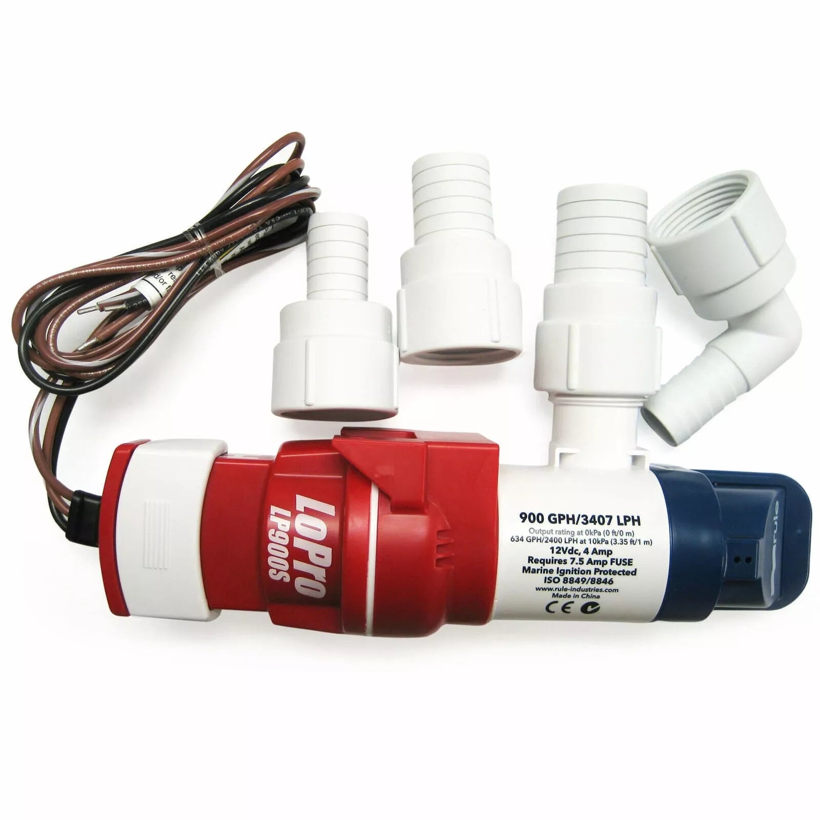Rule LoPro Series Bilge Pump LP900S with 900 GPH capacity. Low-profile, compact design for efficient bilge water removal on boats. Corrosion-resistant and quiet operation. Compatible with 12V and 24V marine electrical systems for reliable performance.

